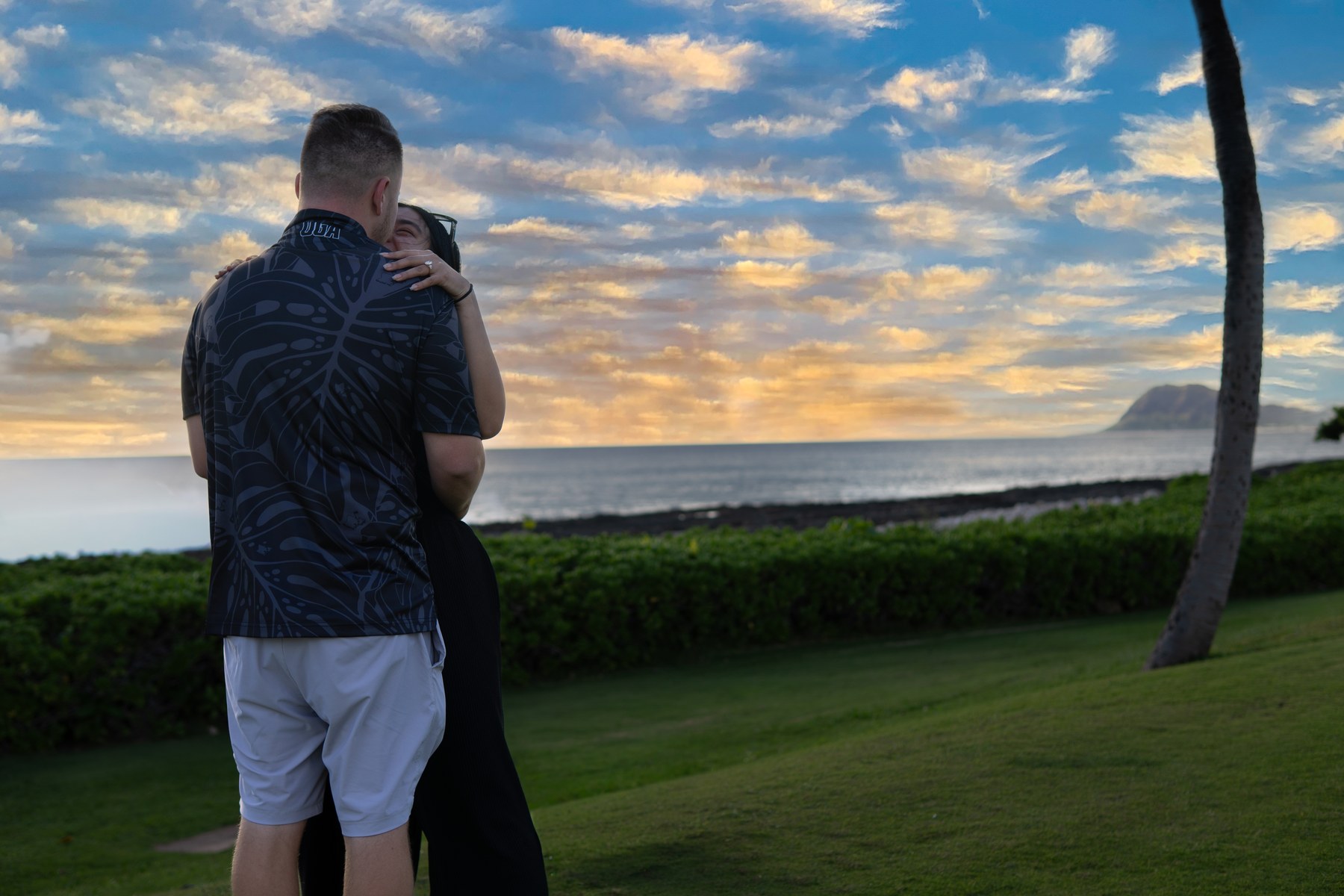 Breckin and Tehani embracing after the proposal