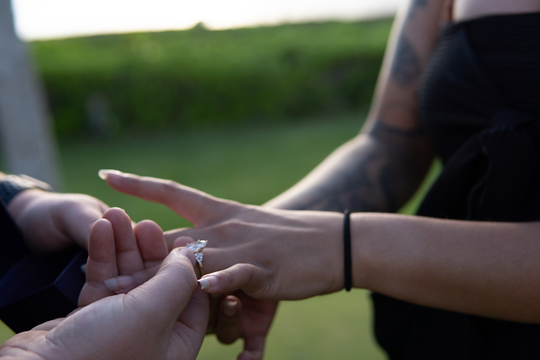 The engagement ring being placed on Tehani's hand